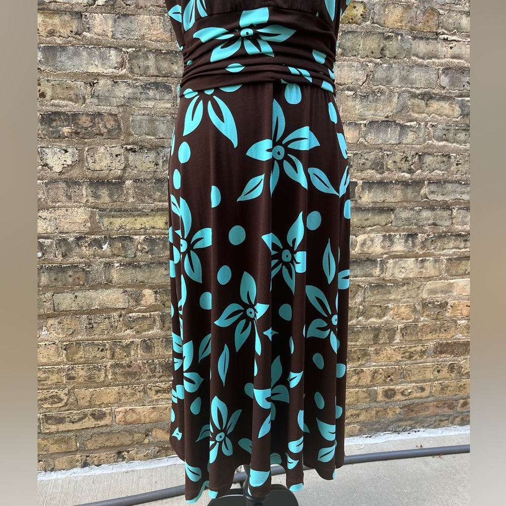 Jessica Howard Ruched Midi Dress Hawaiian Print Floral Chocolate Blue Size 12 - Picture 4 of 10